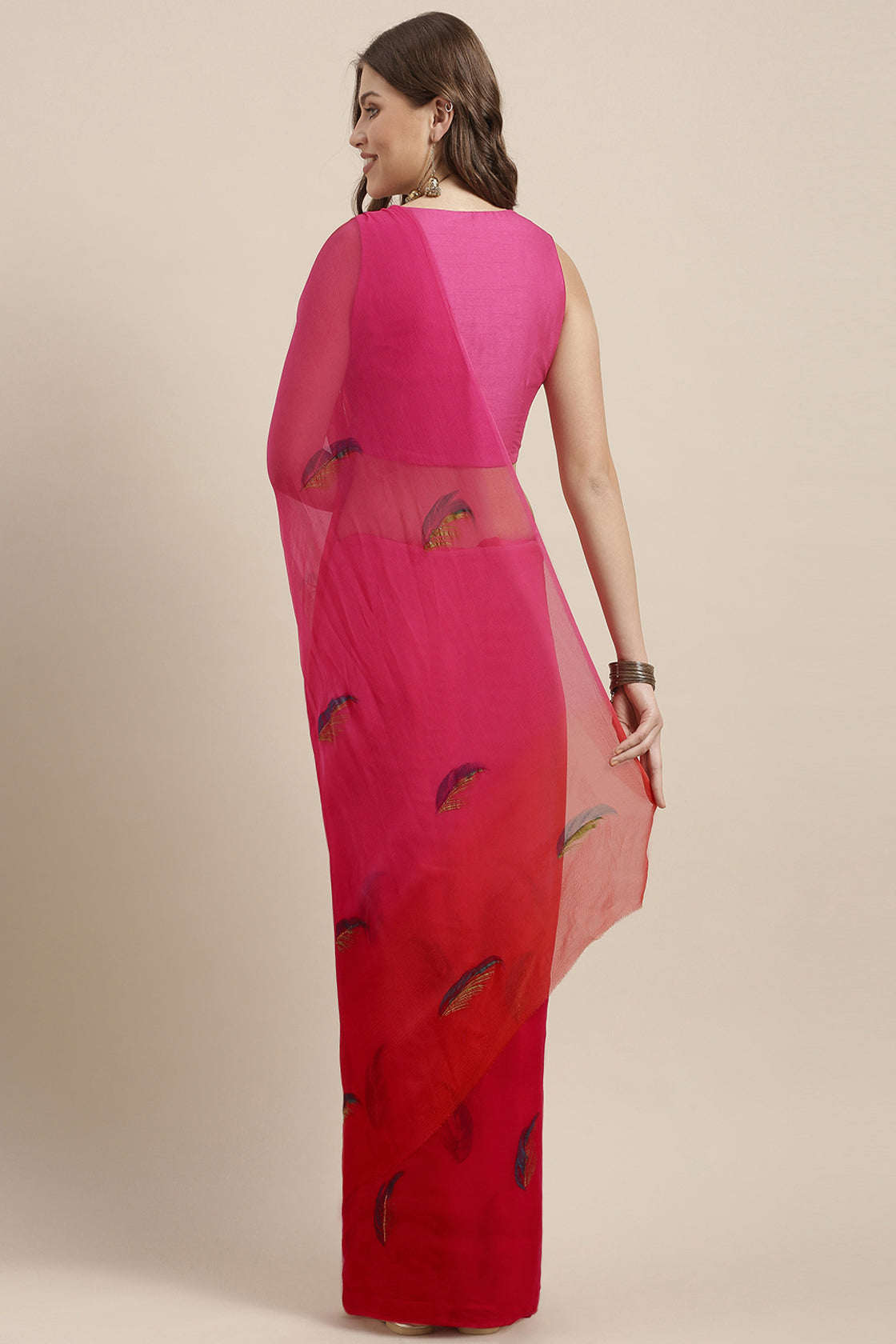 Red Shaded Hand Painted Chiffon Saree