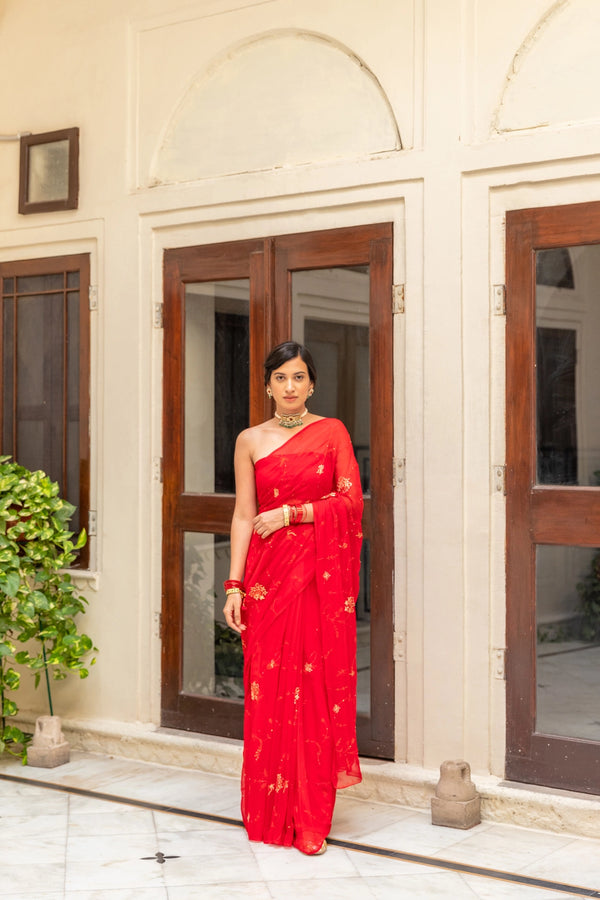 Red Hand Embroidered Aari Work Chiffon Saree