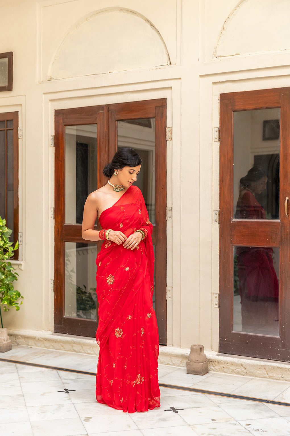 Red Hand Embroidered Aari Work Chiffon Saree