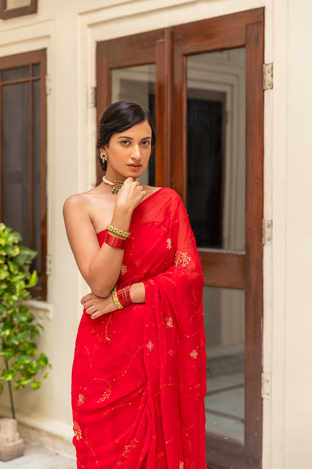 Red Hand Embroidered Aari Work Chiffon Saree