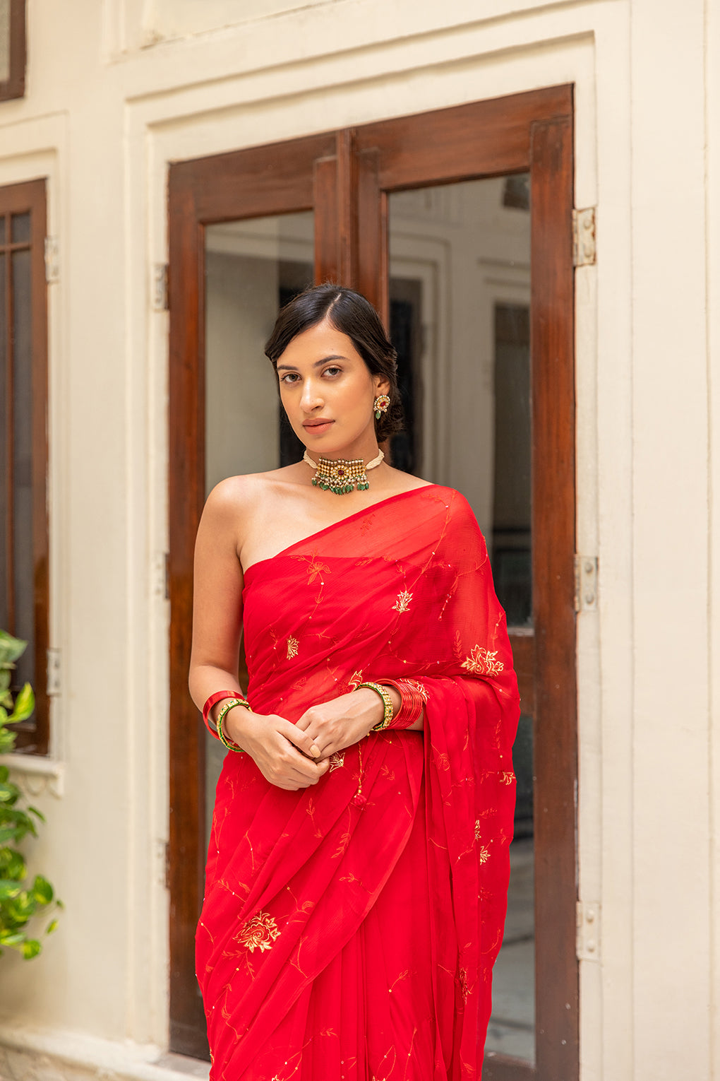 Red Hand Embroidered Aari Work Chiffon Saree
