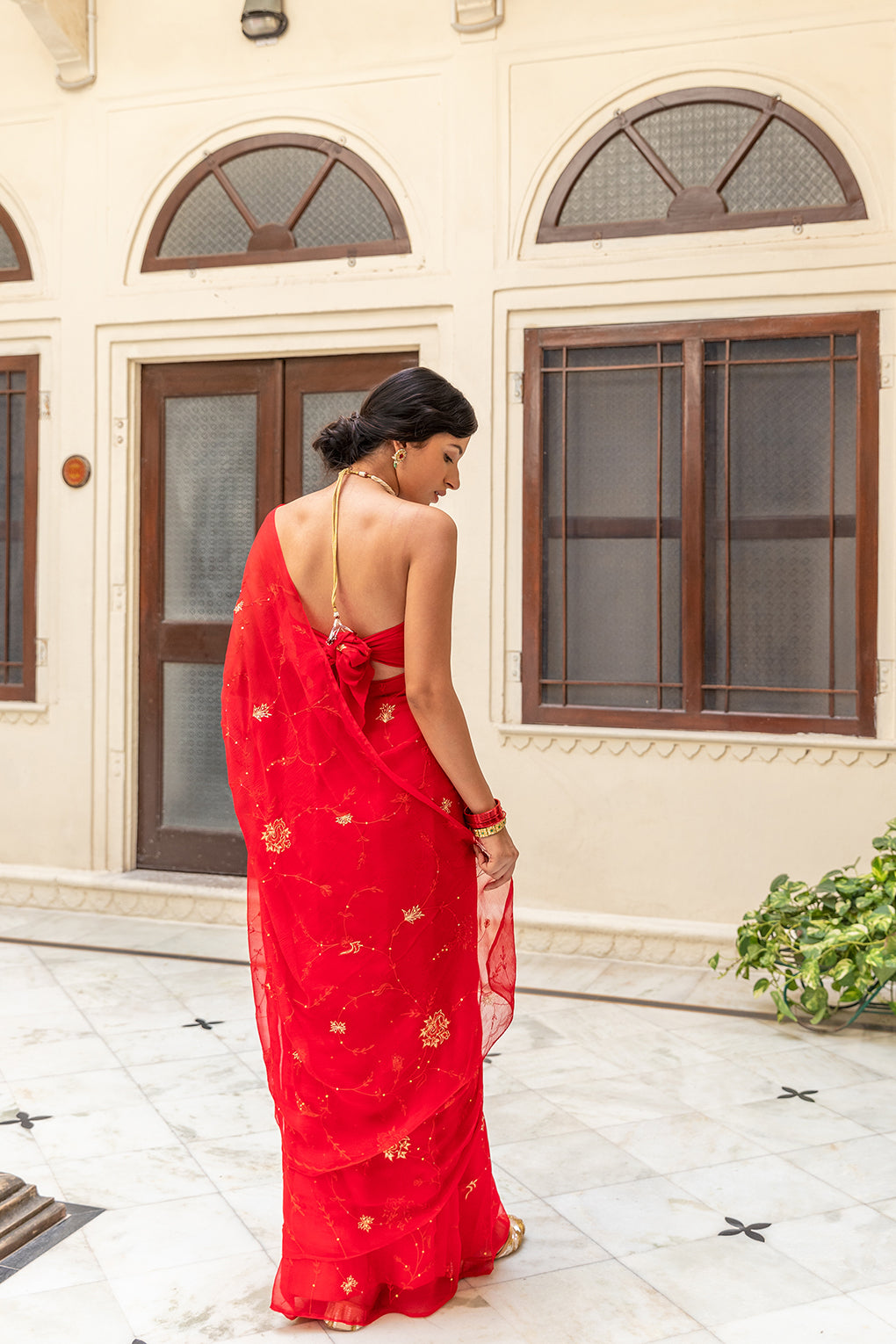 Red Hand Embroidered Aari Work Chiffon Saree