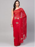 Red Hand Embroidered Chiffon Saree