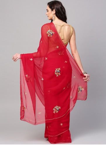 Red Hand Embroidered Chiffon Saree