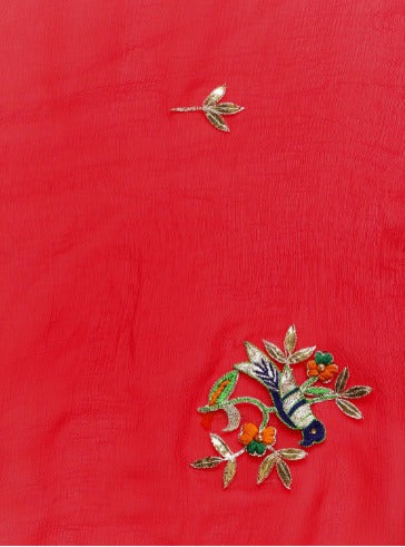 Red Hand Embroidered Chiffon Saree