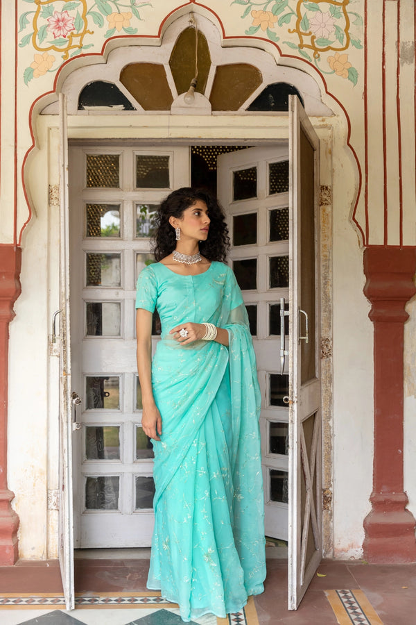 Blue Chiffon Hand Embroidered Aari Saree