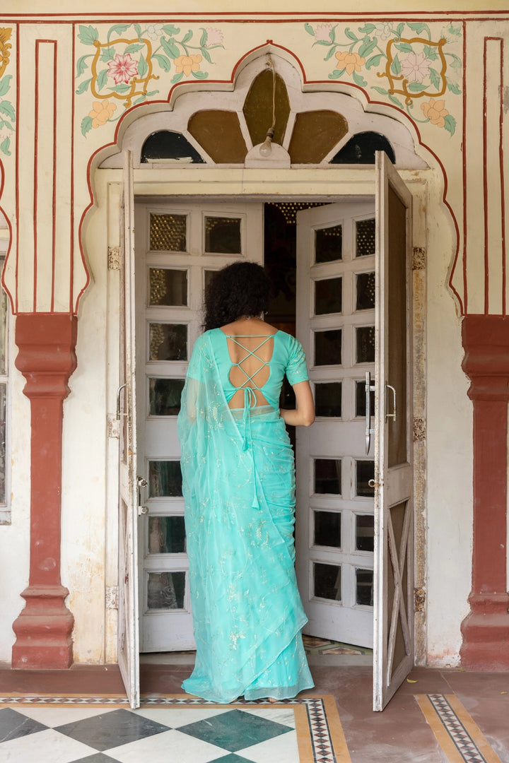 Blue Chiffon Hand Embroidered Aari Saree