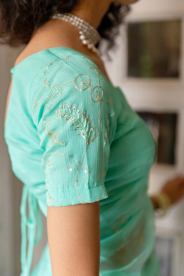 Blue Chiffon Hand Embroidered Aari Saree