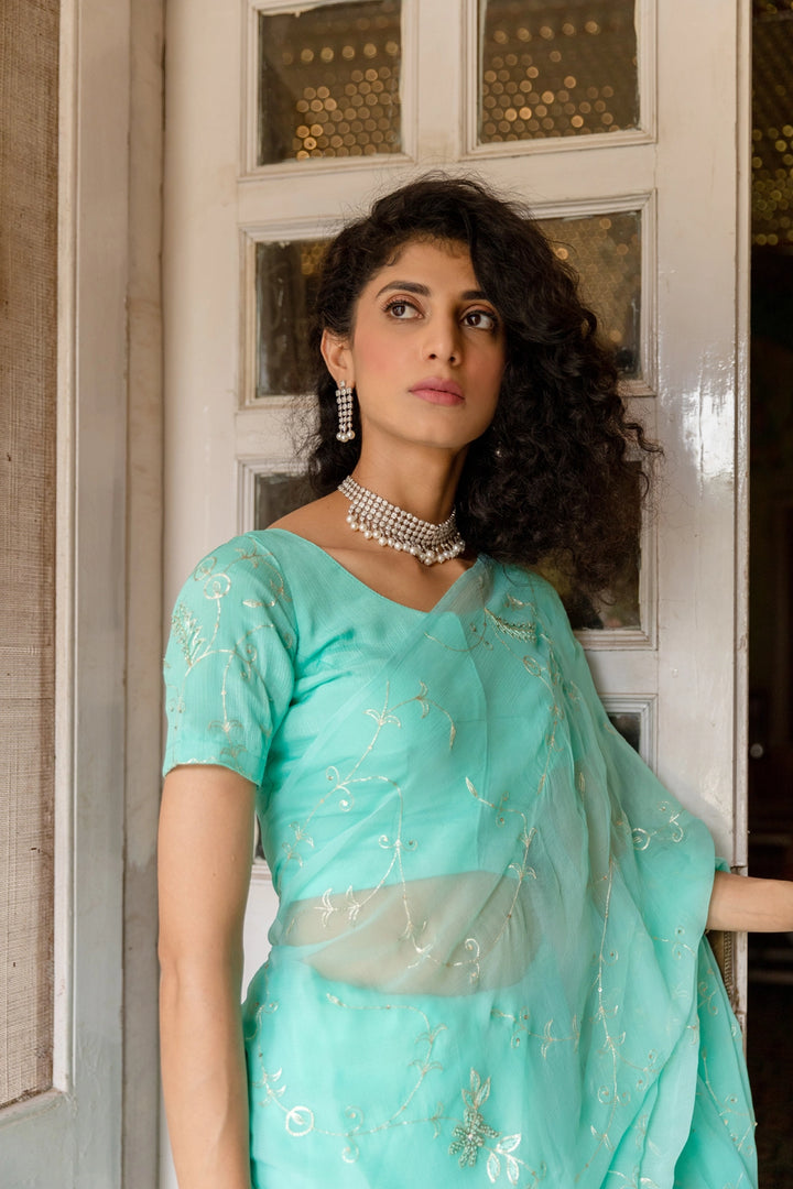 Blue Chiffon Hand Embroidered Aari Saree