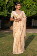Beige Handcrafted Gota Jaal Chiffon Saree