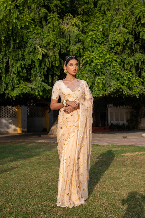 Beige Handcrafted Gota Jaal Chiffon Saree