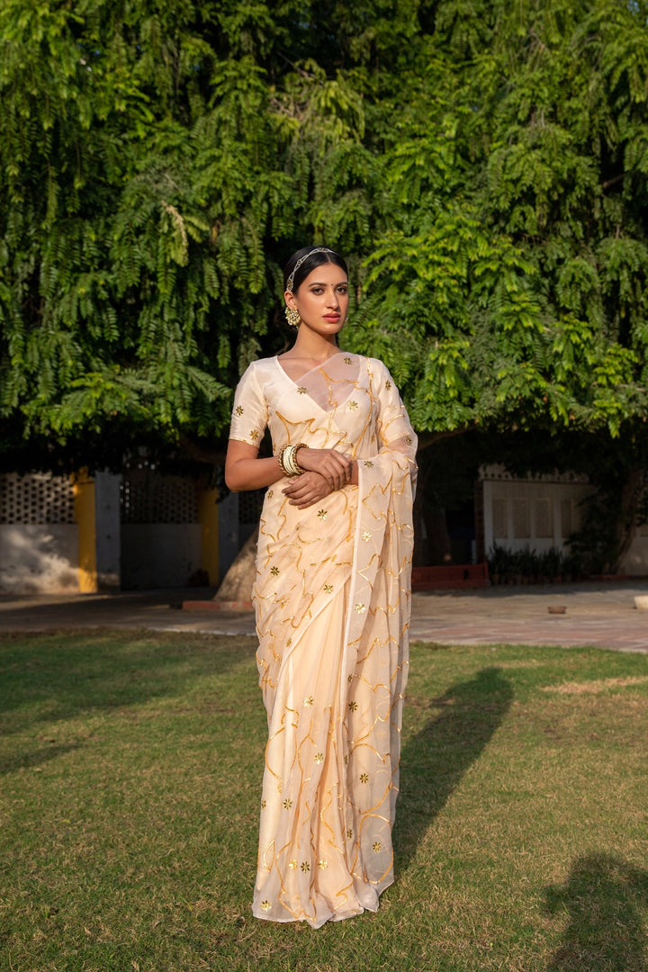 Beige Handcrafted Gota Jaal Chiffon Saree