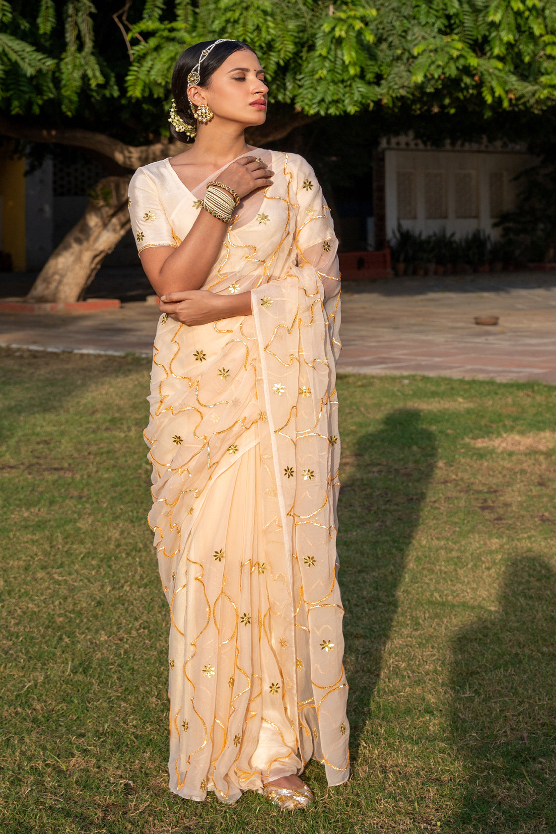 Beige Handcrafted Gota Jaal Chiffon Saree