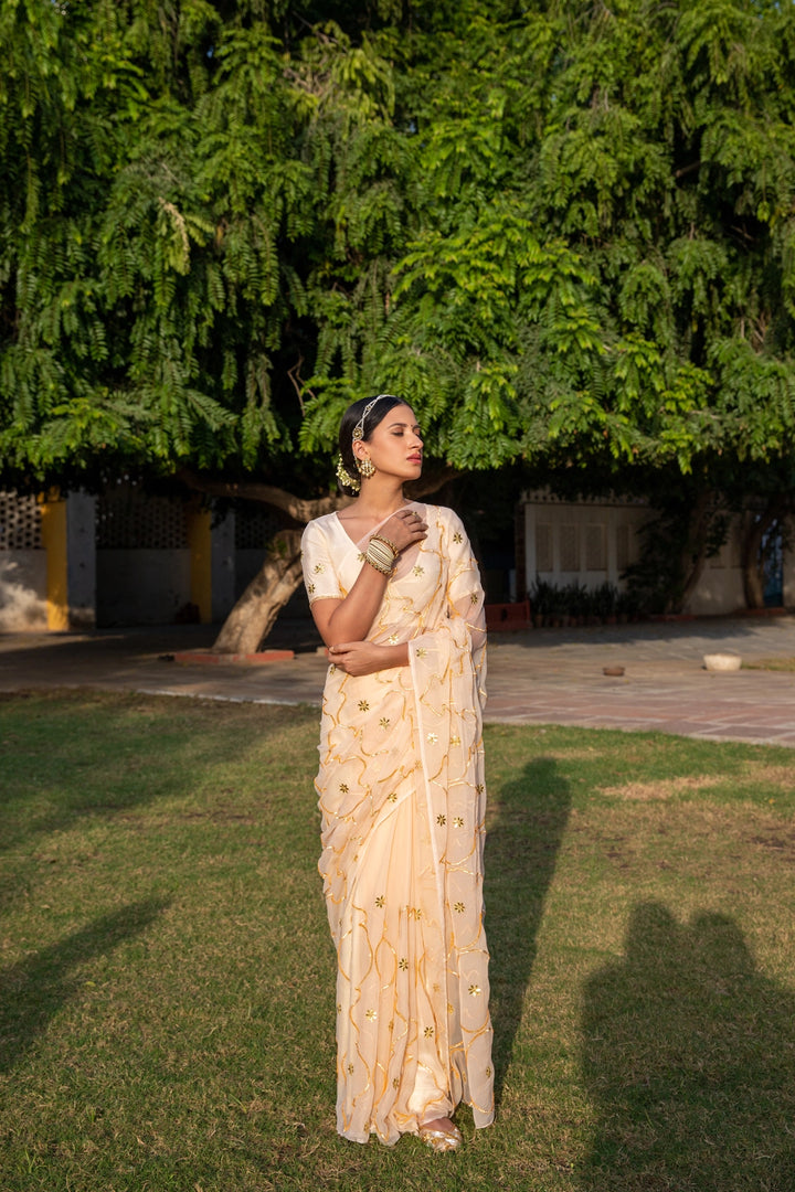 Beige Handcrafted Gota Jaal Chiffon Saree