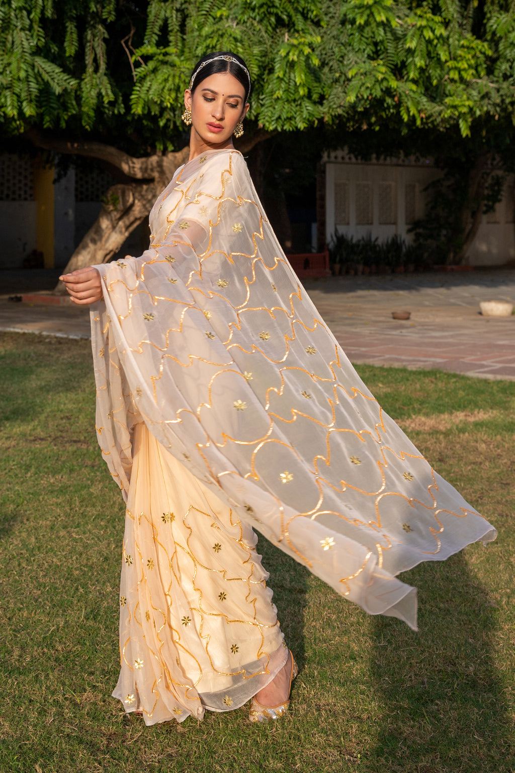 Beige Handcrafted Gota Jaal Chiffon Saree