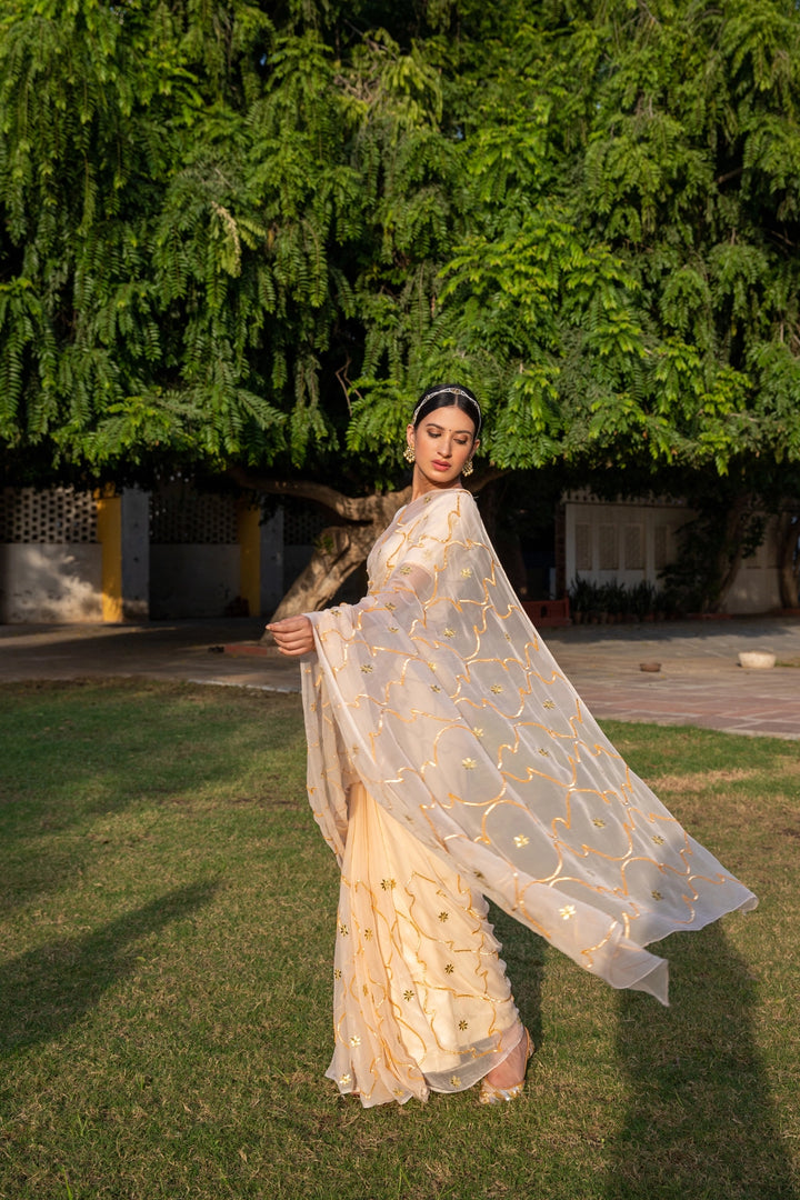 Beige Handcrafted Gota Jaal Chiffon Saree