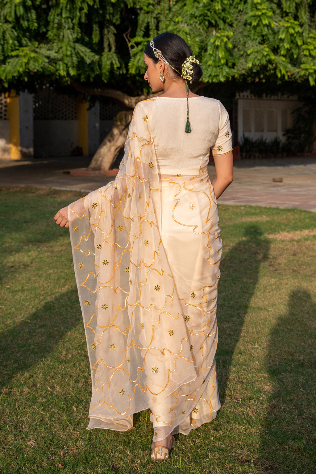 Beige Handcrafted Gota Jaal Chiffon Saree