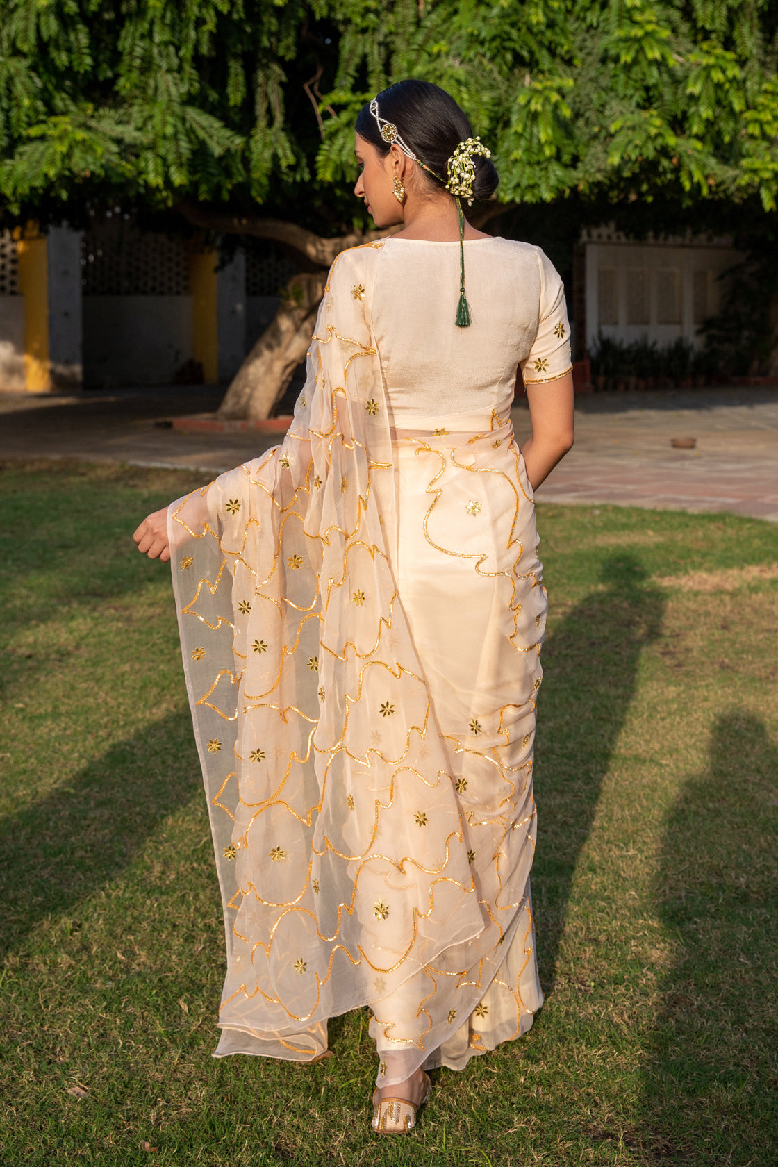 Beige Handcrafted Gota Jaal Chiffon Saree