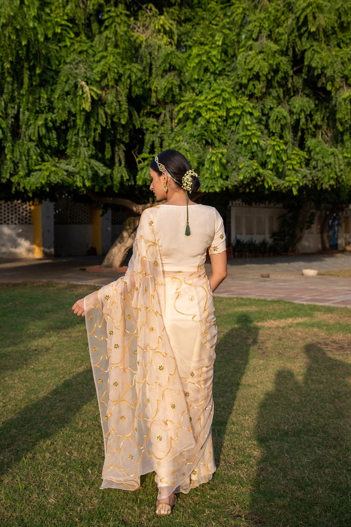 Beige Handcrafted Gota Jaal Chiffon Saree