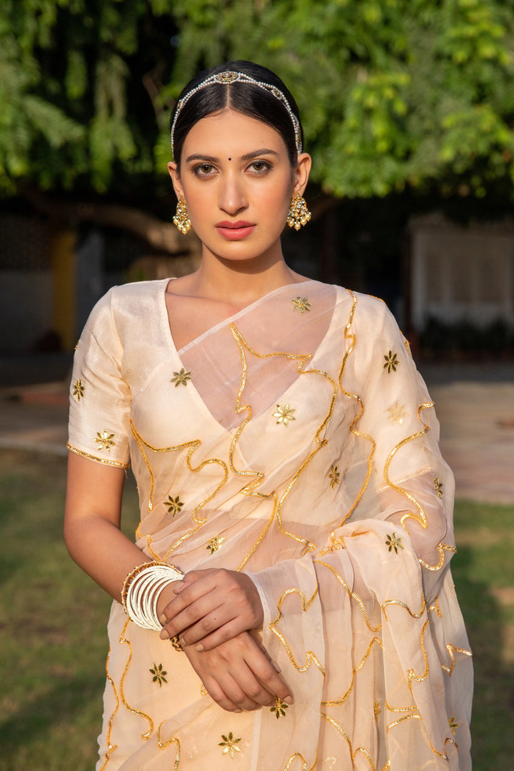 Beige Handcrafted Gota Jaal Chiffon Saree