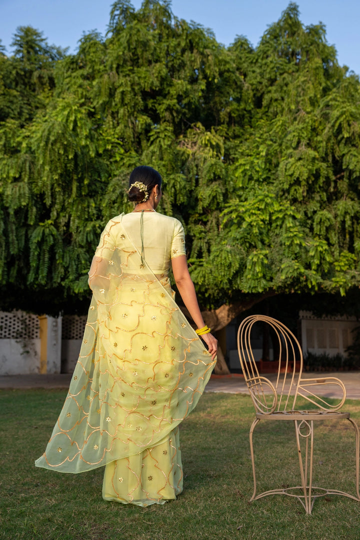 Lime Green Handcrafted Gota Jaal Chiffon Saree