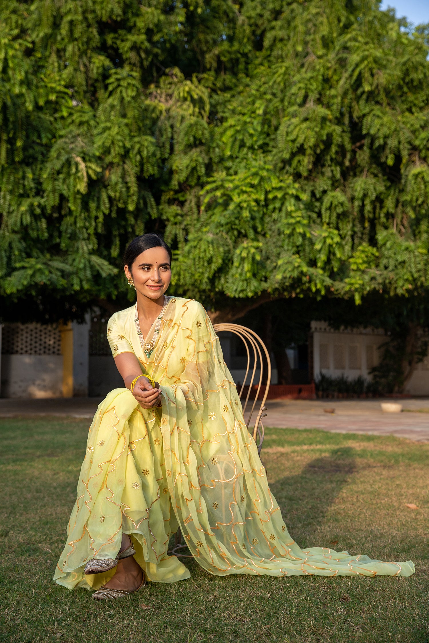 Lime Green Handcrafted Gota Jaal Chiffon Saree