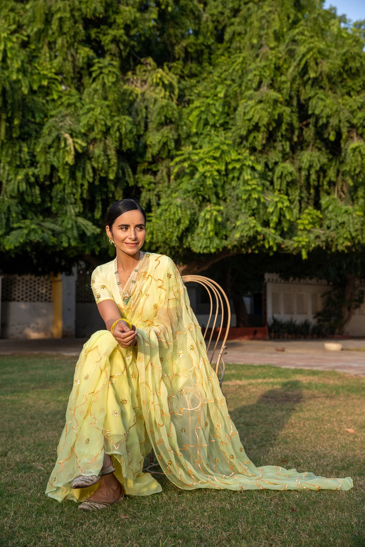 Lime Green Handcrafted Gota Jaal Chiffon Saree
