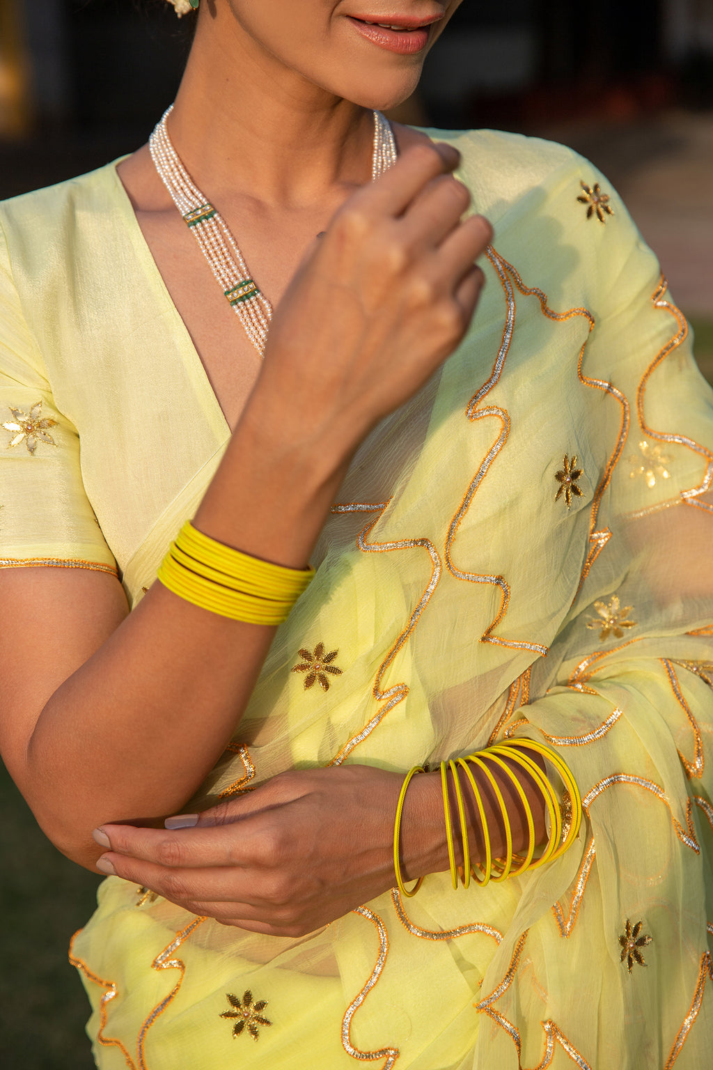 Lime Green Handcrafted Gota Jaal Chiffon Saree