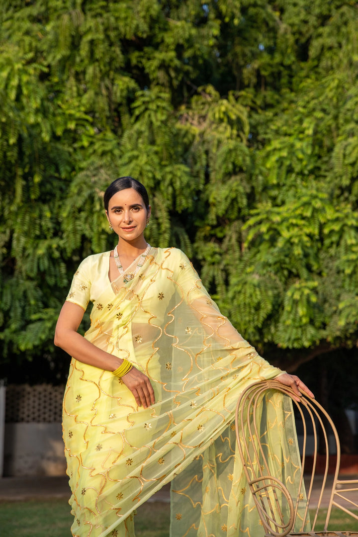 Lime Green Handcrafted Gota Jaal Chiffon Saree