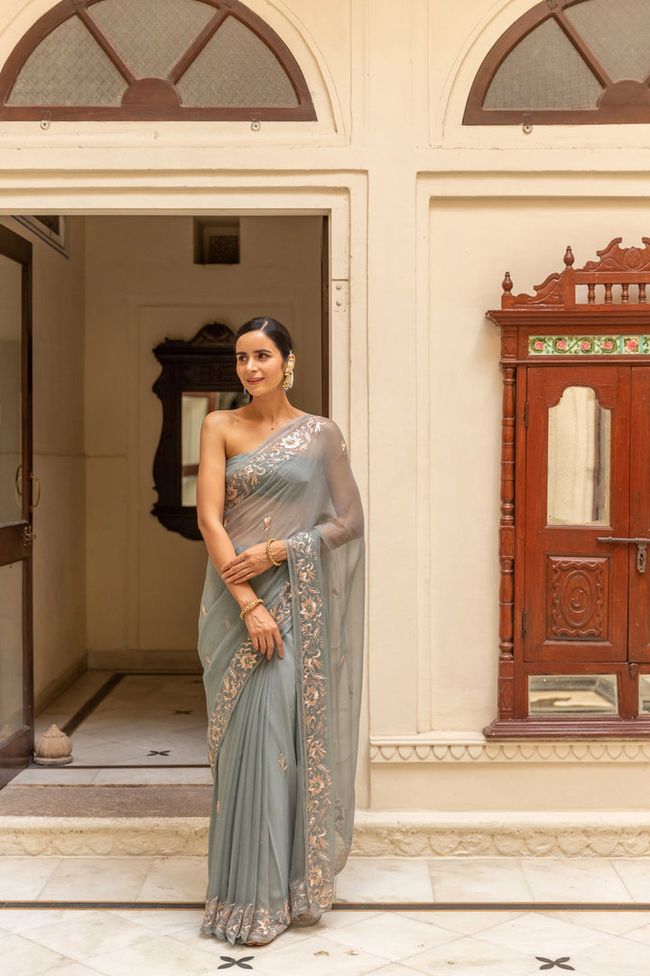 Grey Hand Embroidered Chiffon Saree
