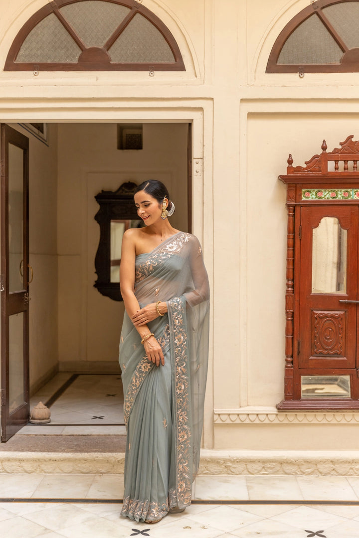 Grey Hand Embroidered Chiffon Saree