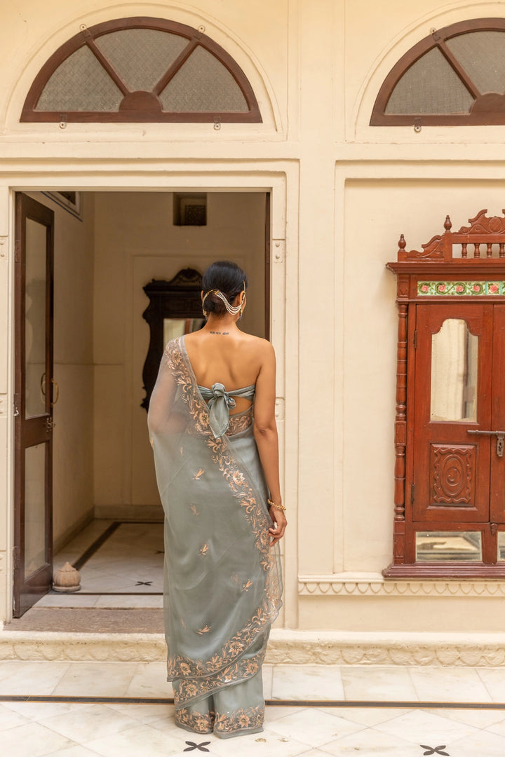 Grey Hand Embroidered Chiffon Saree