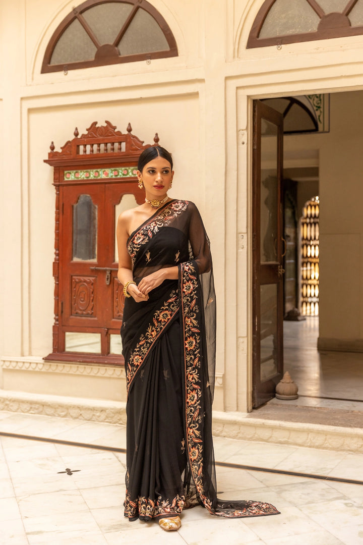 Black Hand Embroidered Chiffon Saree
