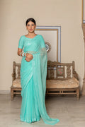 Turquoise Blue Handcrafted Mirror Work Chiffon Saree