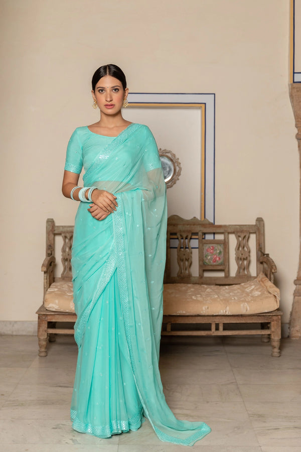 Turquoise Blue Handcrafted Mirror Work Chiffon Saree