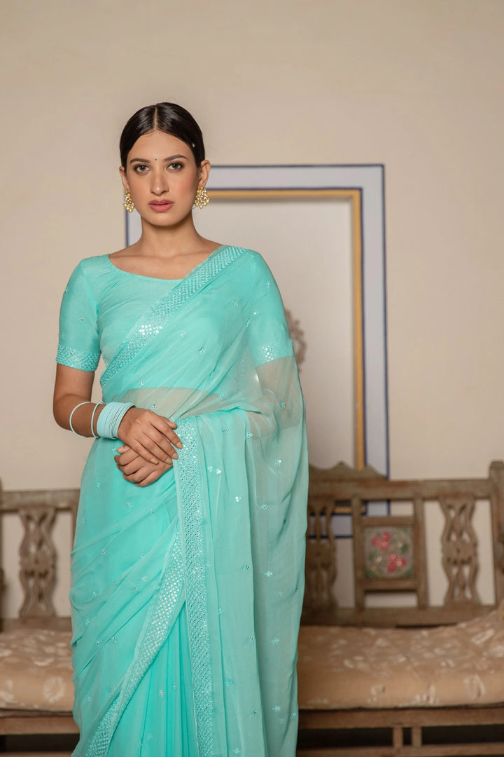 Turquoise Blue Handcrafted Mirror Work Chiffon Saree