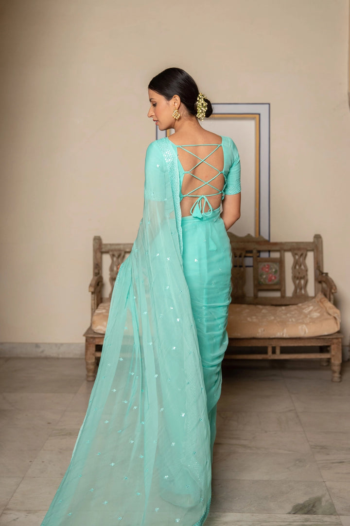 Turquoise Blue Handcrafted Mirror Work Chiffon Saree