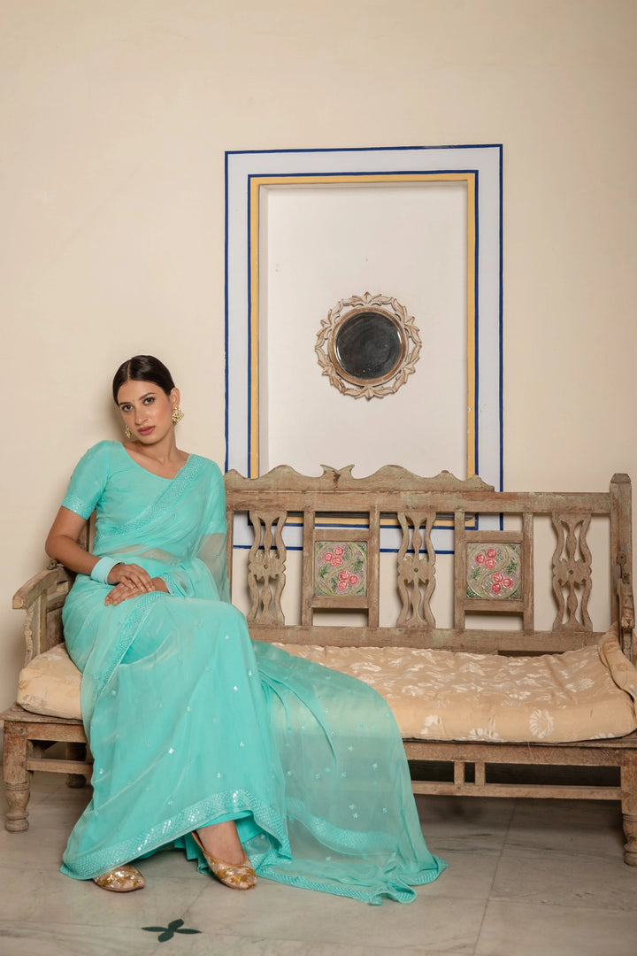 Turquoise Blue Handcrafted Mirror Work Chiffon Saree