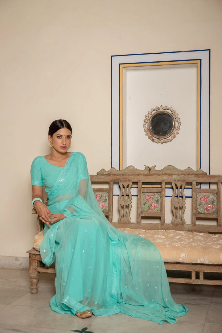 Turquoise Blue Handcrafted Mirror Work Chiffon Saree