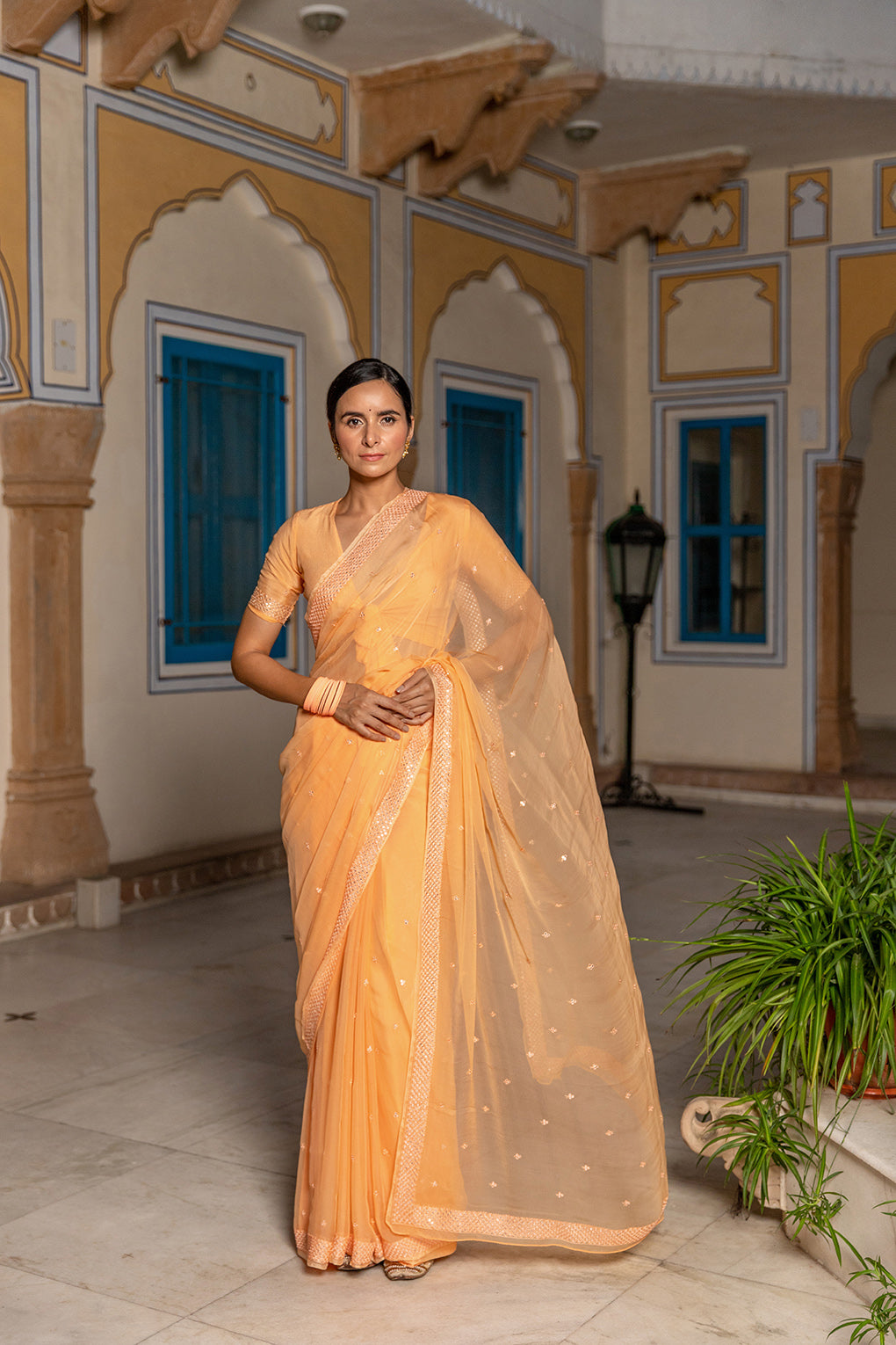 Orange Handcrafted Mirror Work Chiffon Saree