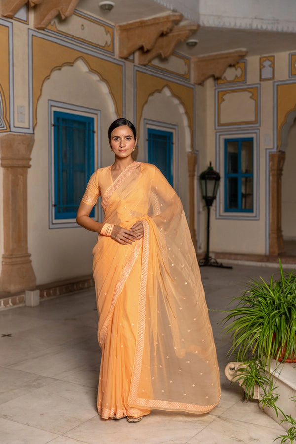 Orange Handcrafted Mirror Work Chiffon Saree
