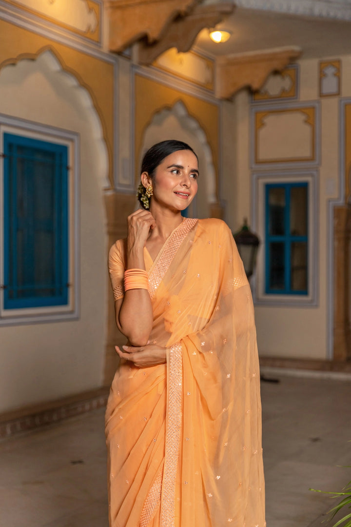 Orange Handcrafted Mirror Work Chiffon Saree