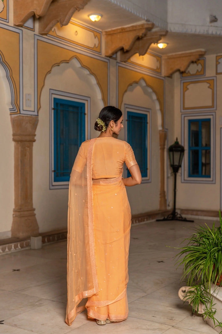Orange Handcrafted Mirror Work Chiffon Saree