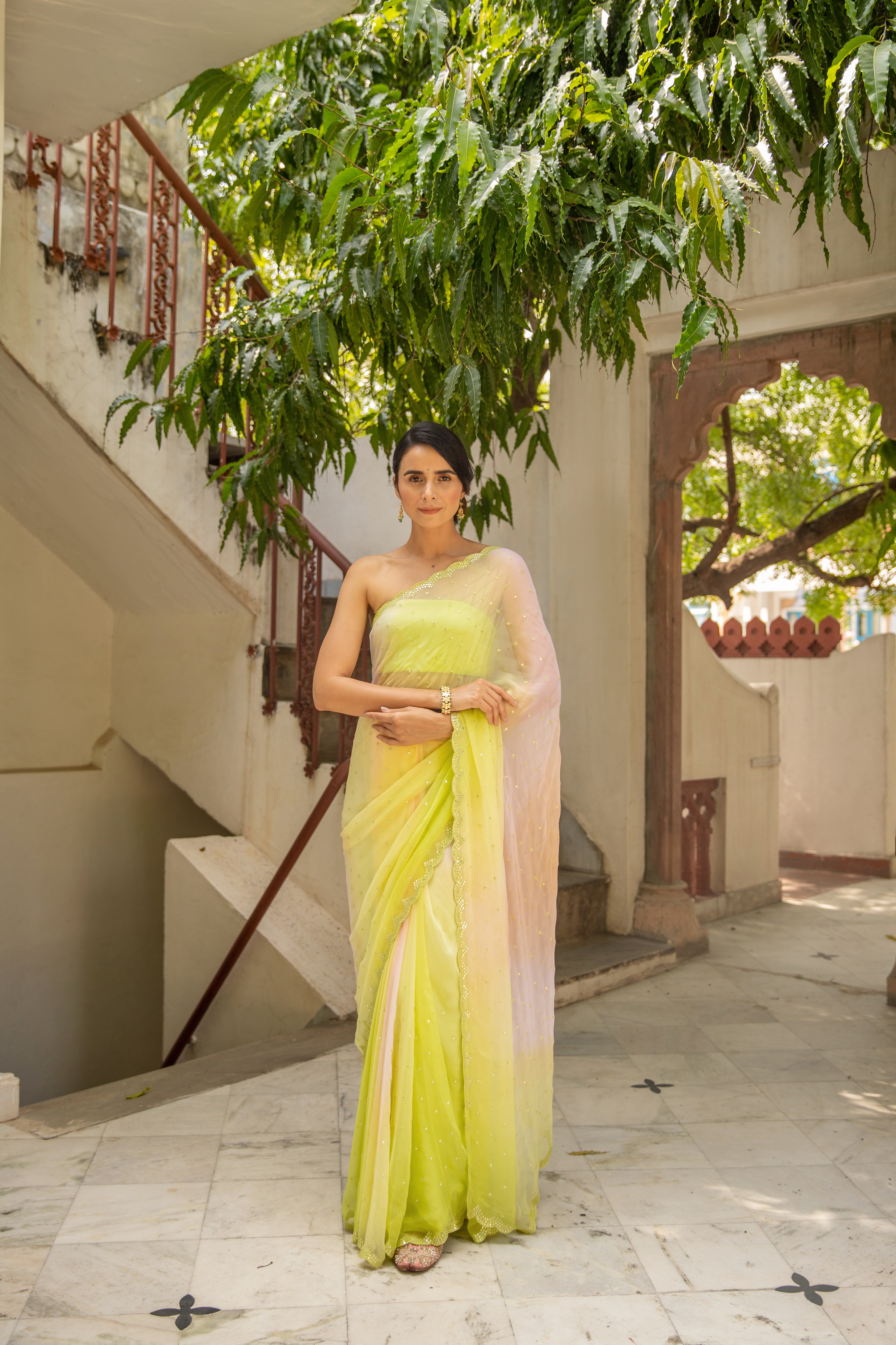 Subhashree Ganguly In Multicolor Hand Embroidered Mirror Work Chiffon Saree