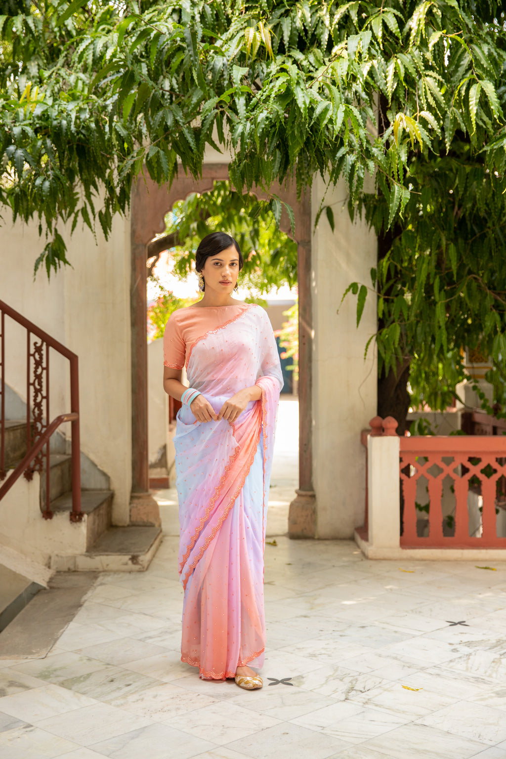 Multicolor Mirror Work Hand Embroidered Chiffon Saree