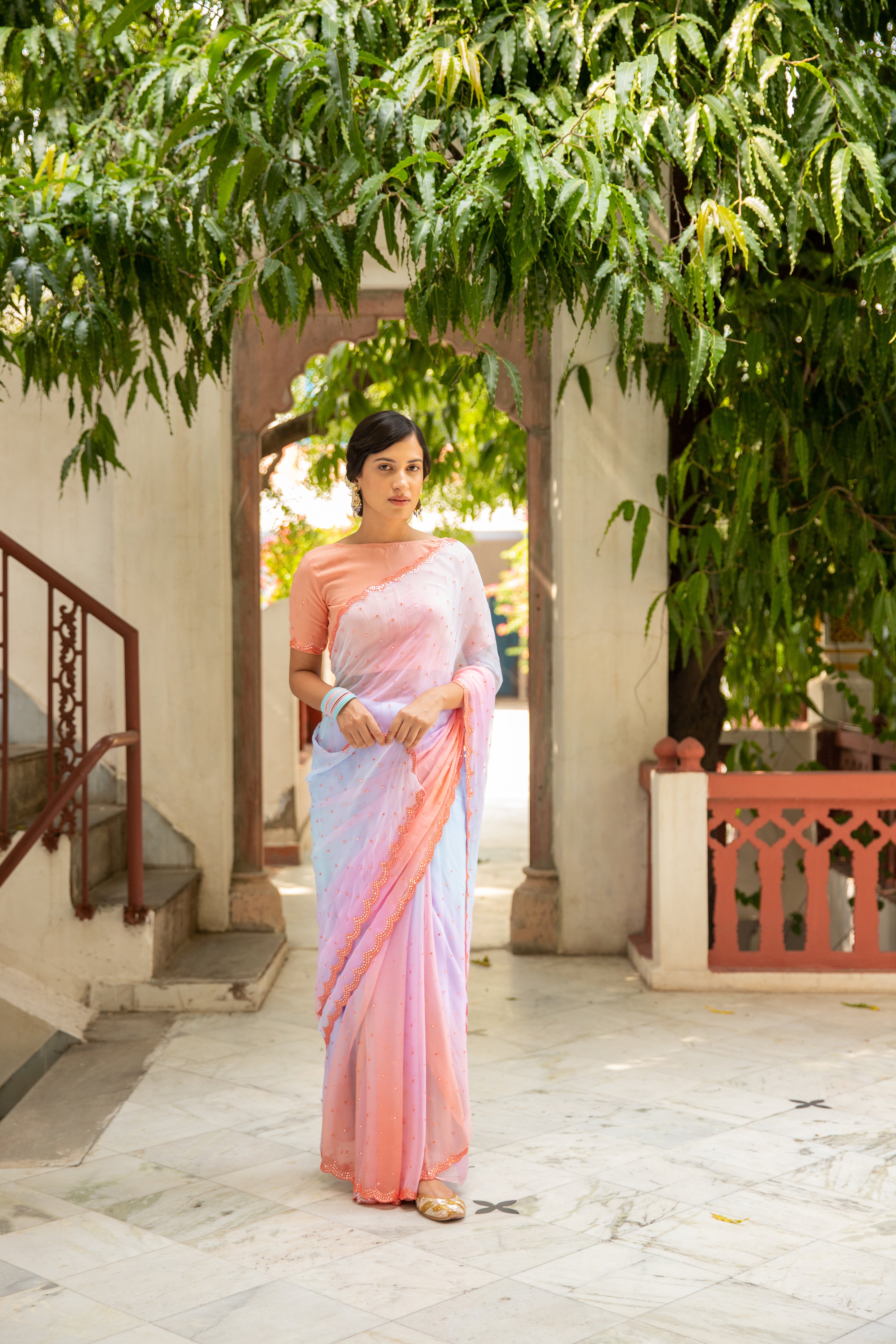 Multicolor Mirror Work Hand Embroidered Chiffon Saree