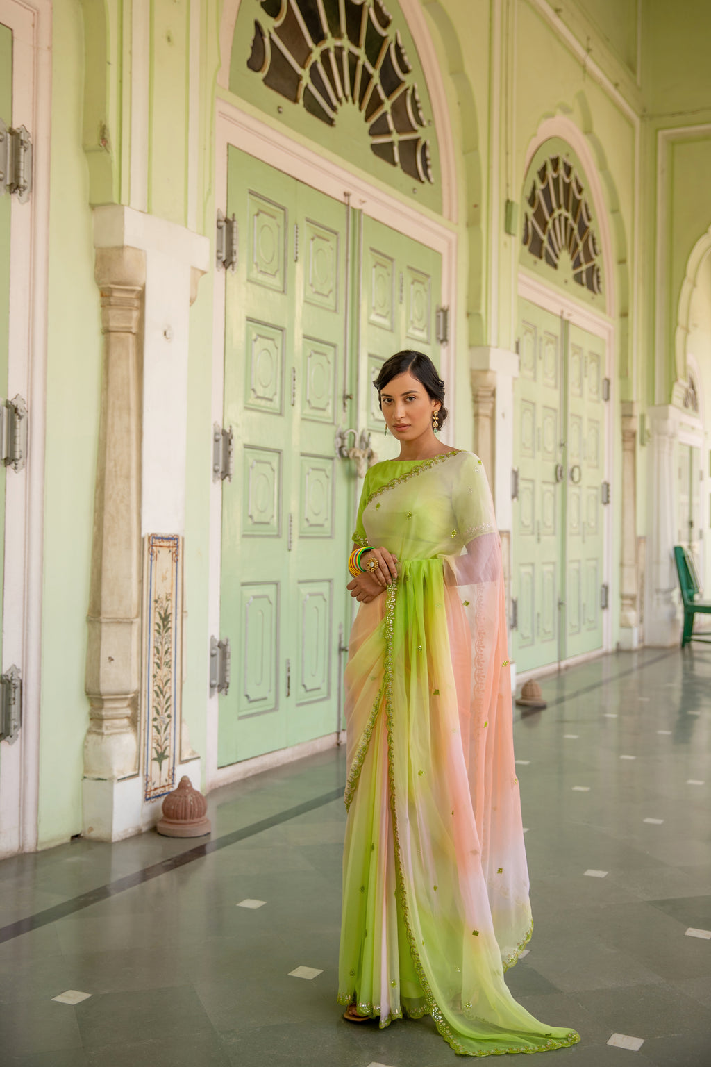 Multicolor Hand Embroidered Mirror Work Chiffon Saree