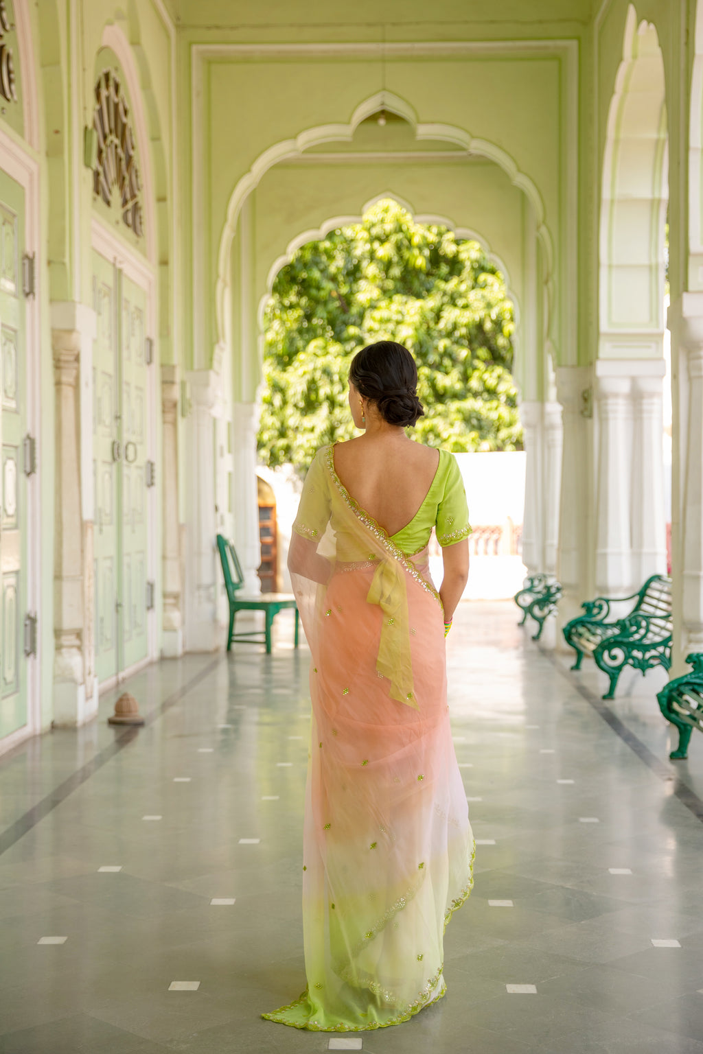 Multicolor Hand Embroidered Mirror Work Chiffon Saree