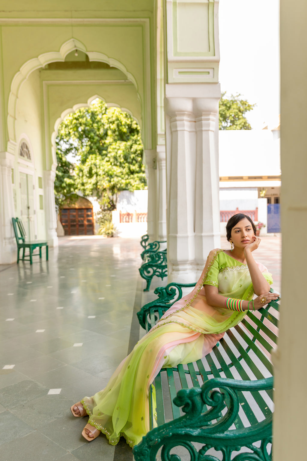 Multicolor Hand Embroidered Mirror Work Chiffon Saree