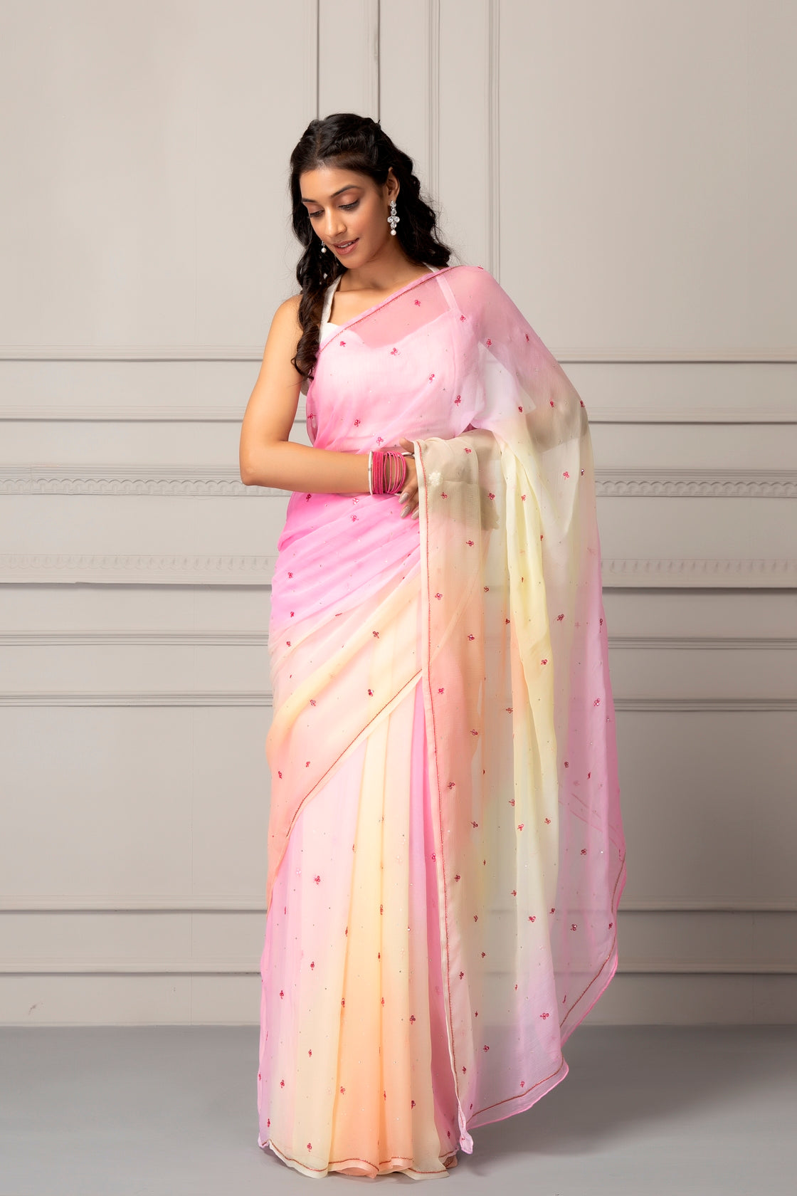 Pastel Pink Shaded Hand Embroidered Chiffon Saree